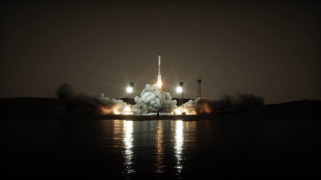 Rocket launch animation. Daylight. Space launch system. 3d rendering.の写真素材