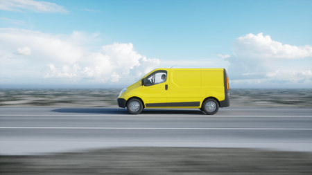 Yellow delivery van on highway. Very fast driving. Transport and logistic concept. 3d rendering.の写真素材