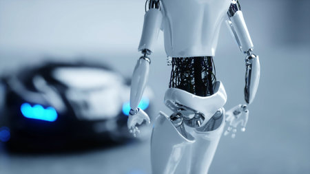 Futuristic humanoid female robot is walkihg to car. Concept of future. 3d rendering.の写真素材