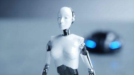 Futuristic humanoid female robot is walkihg to car. Concept of future. 3d rendering.の写真素材