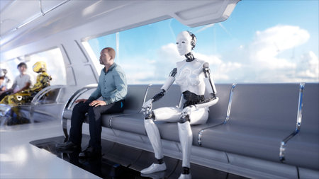 People and robots. Futuristic monorail transport. Concept of future. Realistic 4K animation.