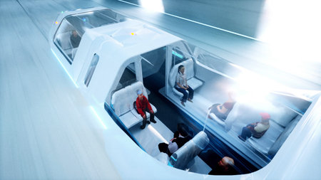 futuristic flying bus with peoples fast driving in sci fi tunnel, coridor. Concept of future. 3d...