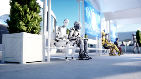 People and robots. Sci fi station. Futuristic monorail transport. Concept of future. 3d rendering.の写真素材