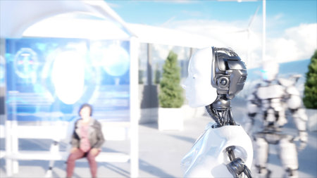 Female robot walking. Sci fi station. Futuristic monorail transport. Concept of future. People and...