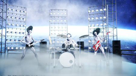Alien rock party on space ship. Concert. Guitar, bass and drum play. Earth background. Alien funny concept. 3d rendering.の写真素材
