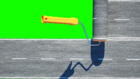 A roll of asphalt. Brush of road. Transport concept. Green screen isolate. 3d rendering.の写真素材