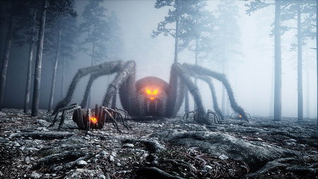 scary gigant spider in fog night forest. Fear and horror. Mistic and halloween concept. 3d...