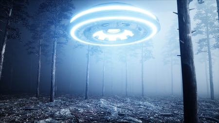 UFO in fog night forest. landing place. 3d rendering.の写真素材