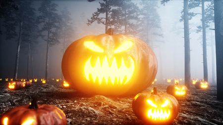 scary gigant pumpkin in fog night forest. Fear and horror. Mistic and halloween concept. 3d rendering.の写真素材