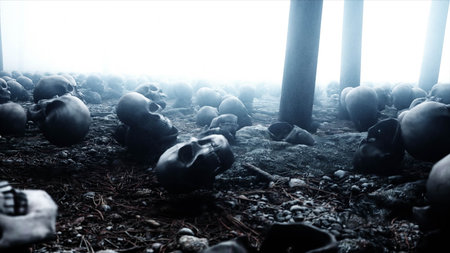 Scary old skulls in fog night forest. Fear and horror. Mistic and apocalypse concept. 3d rendering.