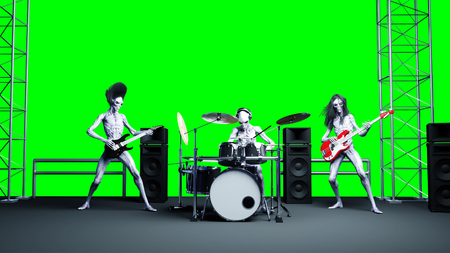 Funny alien rock band. Bass, drum, guitar. Realistic motion and skin shadersの写真素材