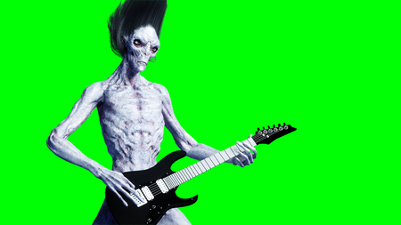 Funny alien plays on electric guitar. Realistic motion and skin shaders. 3d renderingの写真素材