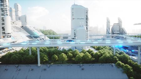 black futuristic electric car very fast driving in sci fi sity, town. Concept of future. 3d rendering.の写真素材