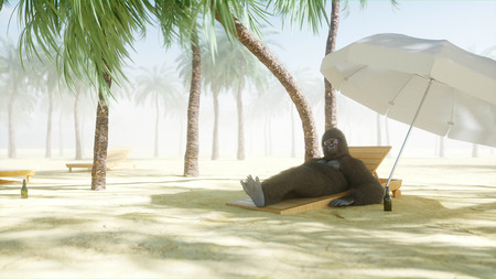Funny gorilla in glasses lies on a deckchair. Beach and palms. Spa, resort concept. 3d rendering.の写真素材