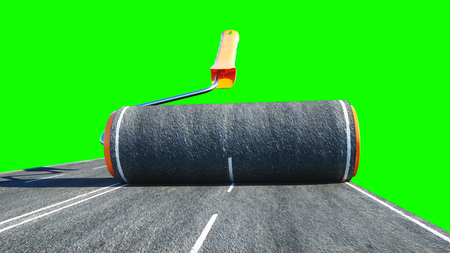 A roll of asphalt. Brush of road. Transport concept. Green screen isolate. 3d rendering.の写真素材