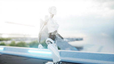 Female robot walking. Futuristic city, town. People and robots. 3d rendering.の写真素材