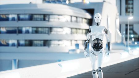Female robot walking. Futuristic city, town. People and robots. 3d rendering.の写真素材