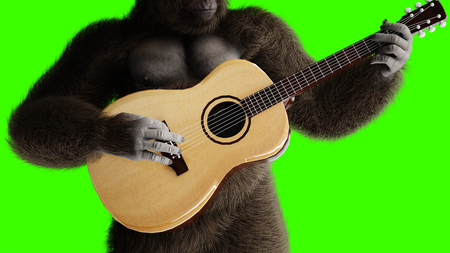 Funny brown gorilla play the guitar. Super realistic fur and hair. Green screen. 3d rendering.の写真素材