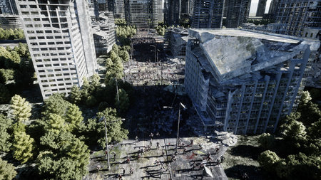 horror zombie crowd walking. Destroyed city. Apocalypse view, concept. 3d rendering.