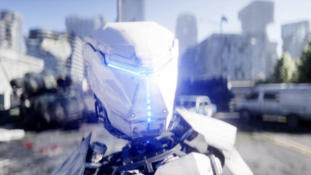 Military robot in destroyed city. Future apocalypse concept. 3d rendering.の写真素材