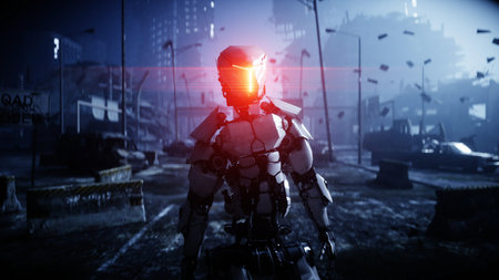 Military robot in destroyed city. Future apocalypse concept. 3d rendering.の写真素材