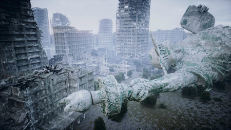 Apocalypse of USA, America. Aerial View of the destroyed city. Apocalypse concept. 3d rendering.の写真素材