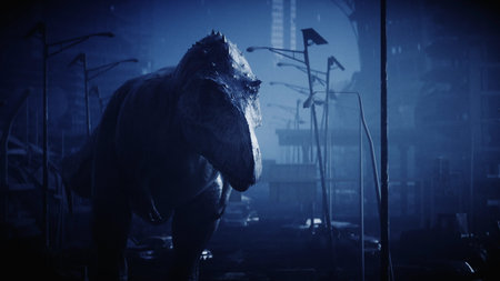 terrible dinosaur trex in the night destroyed city. Apocalypse concept. 3d rendering.