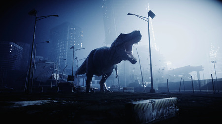 terrible dinosaur trex in the night destroyed city. Apocalypse concept. 3d rendering.の写真素材