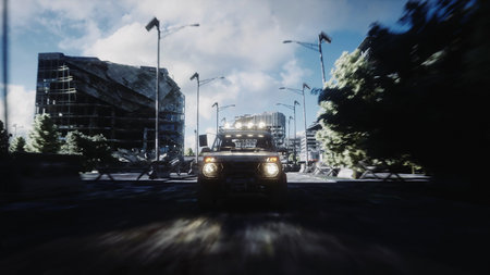 an old car rides in a ruined city. Apocalypse concept. 3d rendering.