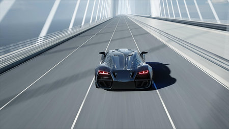 3d model of black futuristic car on the bridge. Very fast driving. Concept of future. 3d rendering.