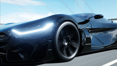 3d model of black futuristic car on the bridge. Very fast driving. Concept of future. 3d rendering.