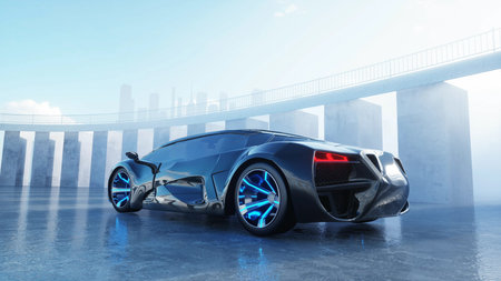 black futuristic electric car on seafront. Urban fog. Concept of future. 3d rendering