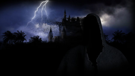 Mystery dark castle with ghosts. Fear. 3d rendering