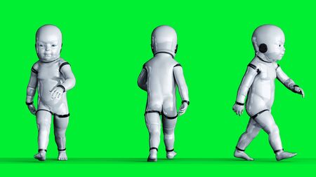 Baby robot isolate on green screen. 3d renderingの写真素材