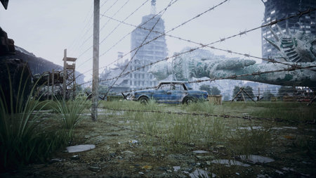 Apocalypse of USA, America. Aerial View of the destroyed city. Apocalypse concept. 3d rendering