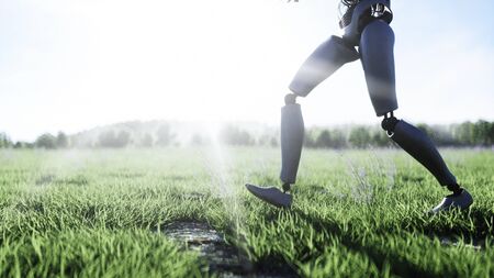 Female robot walks grass field . Sci fi city background. Concept of future. 3d renderingの写真素材