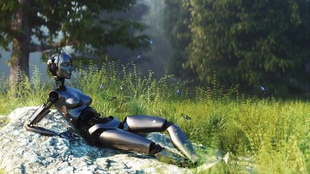 Female futuristic robot idle in forest. Concept of future. 3d renderingの写真素材