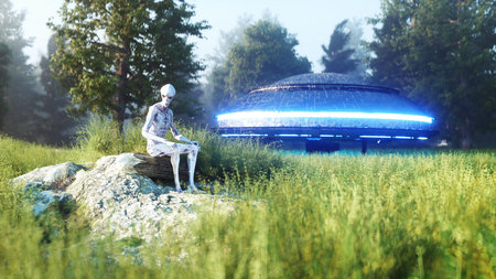 Funny alien sitting in forest. 3d rendering