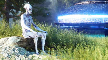 Funny alien sitting in forest. 3d rendering