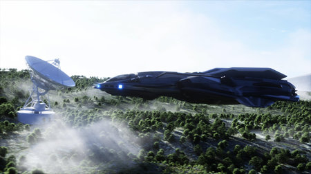 futuristic ship and city. Future concept. Aerial view. 3d rendering