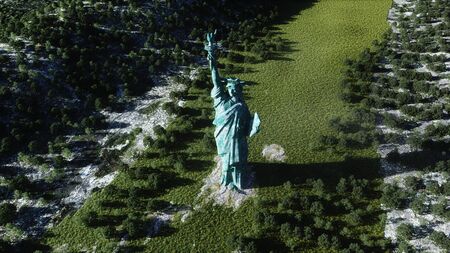 Alone statue of liberty in grass field. Aerial view. Postapocalyptic concept. 3d renderingの写真素材