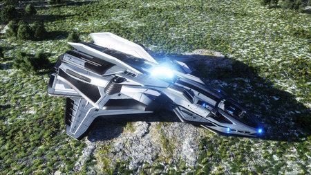 futuristic ship and city. Future concept. Aerial view. 3d rendering