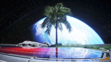 Base, laboratory on the moon. Tree on the moon. 3d renderingの写真素材