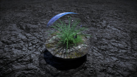 grass in glass sphere in outer space. Ecology concept. 3d rendering