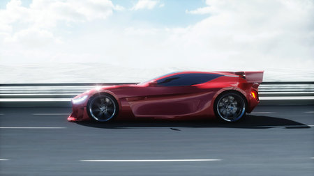 3d model of futuristic red electric car on highway. Very fast driving. Future concept. 3d renderingの写真素材
