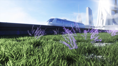futuristic sci fi monorail train. Concept of future. Futuristic city background. 3d rendering