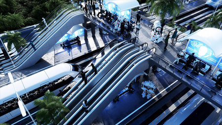 Sci Fi railway futuristic station. Future concept. Dinamyc trees. . Aerial view. 3d rendering.