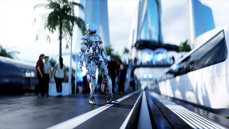 Sci Fi railway futuristic station. Future concept. Dinamyc trees. . Aerial view. 3d rendering.