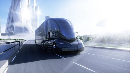 3d model of futuristic electric truck on highway. Future city background. Electric automobile. 3dの写真素材
