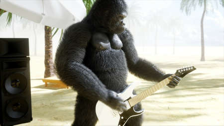 Funny gorillas and monkeys play on guitar and drums. Rock party on sunny seaside. 3d renderingの写真素材